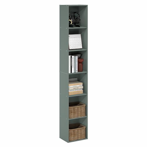 Image of Furinno LUDER Book Shelf, 6-Tier Tall Modern Bookshelf, Bookcase with Open Shelves, 9.3 x 12 x 71, for Living Room, Bedroom, Home Office, Sage Green