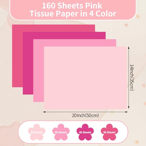 160 folhas de papel de seda rosa para sacos de presente 50 x 35,5 cm, papel de embrulho a granel par