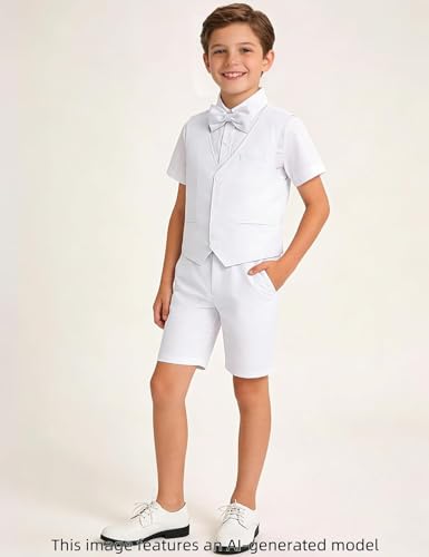 Image of A&J DESIGN Boys Short Suit Set 3 Pieces Kids Formal Gentleman Outfit, 4-11 Years, Shirt + Vest + Shorts + Bow Tie