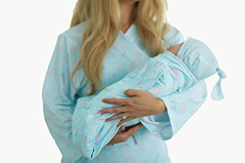 Image of Millie Mae LLC Rainbow Mommy and me Robe and Swaddle Set | Hospital Labor and Delivery | Maternity Robe and Matching Baby Set for Boy, Girl | Aqua Rainbow