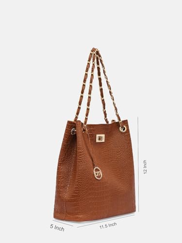 Image of Bagsy Malone Bucket Shaped Tote Bag -Set of 2 | Handcrafted Side Tote Bag for Office and College(Croco Tan)