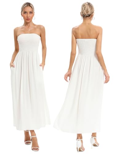 Image of Aigeman Women Strapless Tube Maxi Dress Flowy Swing Long Beach Sundress Sleeveless Boho Summer Dress with Pokets 330