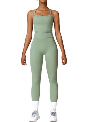 Women's Yoga Outfits Backless Strappy Sports Bra and Seamless Leggings Matching Active Jogger Outfits