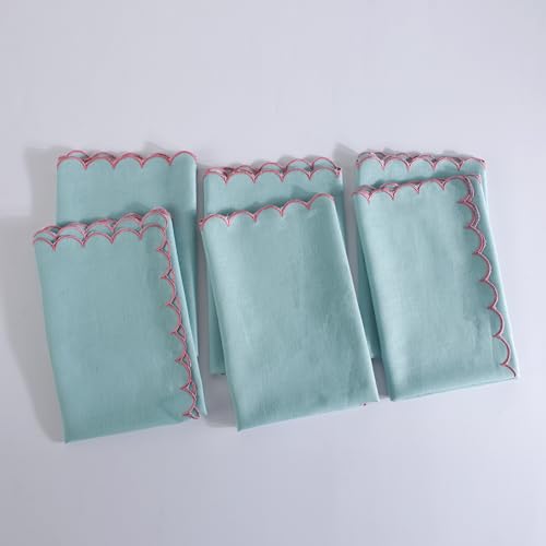 Image of FINGERCRAFT Scallop Edge Cloth Napkins | Set of 6 | 20x20 Inches | 100% Cotton | Table Napkins for Any Occasion | Washable, Perfect for Parties and Everyday Use (Aqua Flax, Set of 6)
