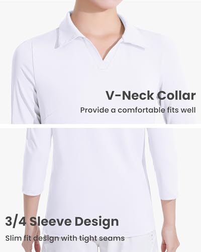 Auranso Girls 3/4 Long Sleeve Uniform Polo T-Shirts V-Neck Golf Shirt Quick-Dry Workout Tops4
