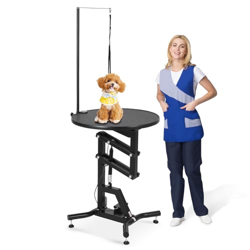 FinerFurnis Hydraulic Lift Dog Grooming Table - 24'' 360° Rotating Round Tabletop - Adjustable Height 710-1050mm - Heavy Duty with Overhead Arm - Ideal for Home Grooming - Table Top 600mm, Table