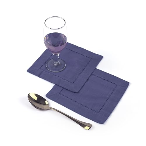 Image of Fingercraft Cotton Cocktail Napkins 6x6 Inches - Set of 12 Reusable Cloth Beverage Coasters with Elegant Ladder Hemstitch - Perfect for Parties, Bars & Home Use (Navy Slub)