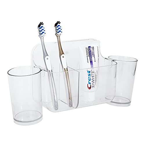 ROSELIFE Sticky Toothbrush Storage Tray w/Two Cups, Plastic Toothbrush Holder, Sticky Toothbrush Center, Toothbrush Holder Stand Organizer, Punchless, Wall Mounted Rack for Bathroom Shower, Clear