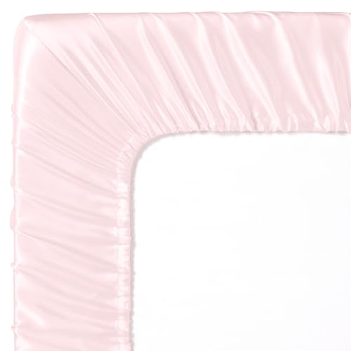 Image of Entisn 28x52 Satin Fitted Crib Sheet 2 Pack, Baby Pink and Light Purple | 8-Inch Deep Pocket Snug Fit, Silky Satin Protects Hair And Skin, No-Slip Reinforced Edges, Machine Washable Fade-Resistant