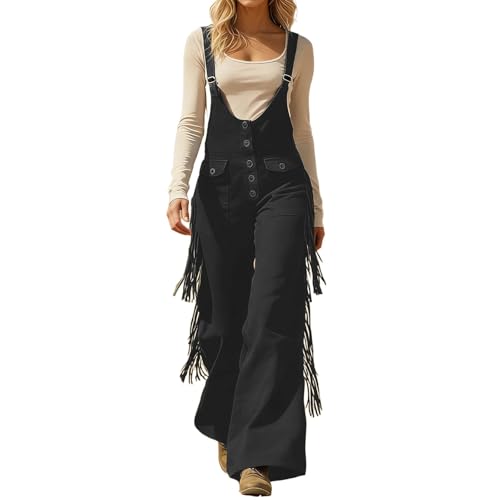 Image of Womens Suede Fringe Sexy Cowgirl Jumpsuits Country Concert Western Cargo Overalls High Waisted Romper Vintage Outfit