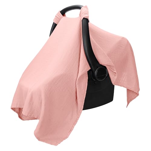 Image of Comfy Cubs Baby Car Seat Cover - Soft, Breathable Bamboo Rayon and Muslin Cotton Blend - Lightweight Canopy for Sun, Bug, and Comfort Protection - Large Size Infant Seat Cover in Bold Blush Design