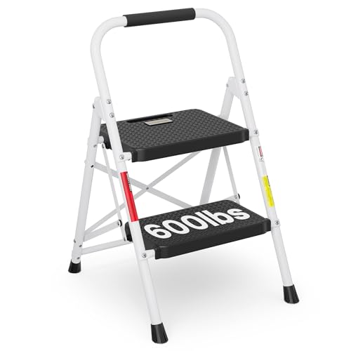 BONTEC 2-Step Ladder, Folding Step Stool, 600lbs Max Load Capacity, Sturdy Steel, Non-Slip Pedals, Lightweight, Portable Steel Ladder with Convenient Handrail, Safety Design for Home & Work,