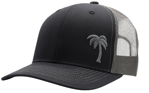 LINDO Trucker Hat [ Palm Tree - Black/Graphite ] for Men and Women – Breathable Mesh Back, Adjustable Snapback Cap for The Beach, Boating, Surfing, Fishing or Everyday Adventures
