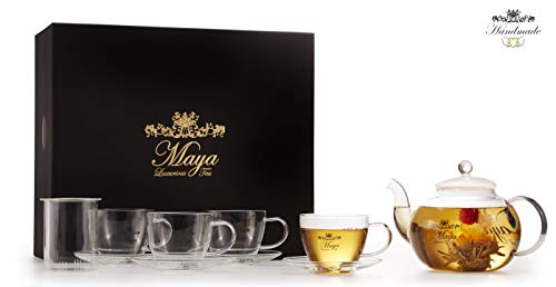 Maya Luxurious Tea Accessories Box Set With Glass Teapot (40 oz.), Infuser, 4