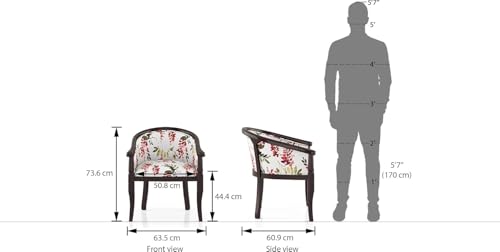 Image of Sheesham Wood Barrel Accent Chair with Floral Fabric Upholstery Handcrafted Wooden Lounge Chair with Comfortable Seat & Backrest for Living Room (Wooden Dark)