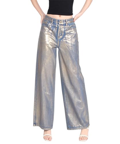 Women Metallic Baggy Stretch High Waisted Straight Wide Leg Boyfriend Denim Jeans