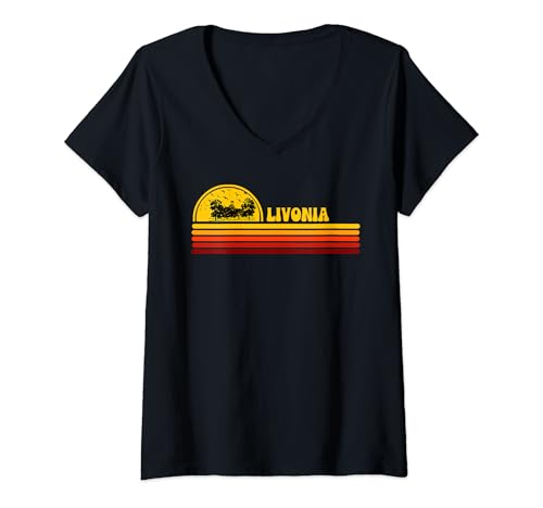 Mujer Ciudad retro con logotipo vintage de puesta de sol de Livonia Camiseta Cuello V