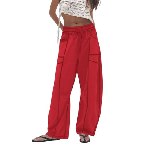 Generisch Pantalones casuales de corte holgado con pierna acampanada cordón elástico cómodos pantalones deportivos para correr todos los días, rojo, S