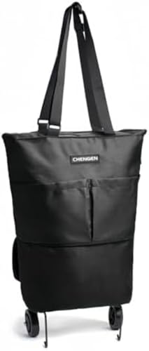 Barino ポータブル防水手持ち折りたたみ式オックスフォード布トロリーショッピングカート、車輪付き、環境に優しいバッグ、ダブルジッパー、大容量、洗える、食料品の買い物、高齢者カート、敬老の日、ギフト (ブラック,大きい)