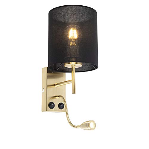 Qazqa - Art Deco Wall Lamp I Wall Light Gold with Cotton Black Shade - Stacca- - Art Deco - LED | 1 Light - Steel Wall Light - Suitable for Living Room I Kitchen I Bedroom I