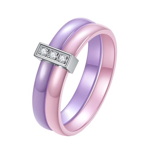 HIJONES Femmes 6Mm en Céramique en Acier Inoxydable Bague Incrustée De Zircone Bague Personnalisée Bande De Doigt Bijoux Violet Rose Taille 60
