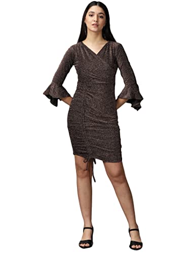 Image of SHOWOFFFF Women Self Design Wrap Casual Dress | V Neck Full Sleeves Lycra Dress for Womens | Knee Length Dress for Women's