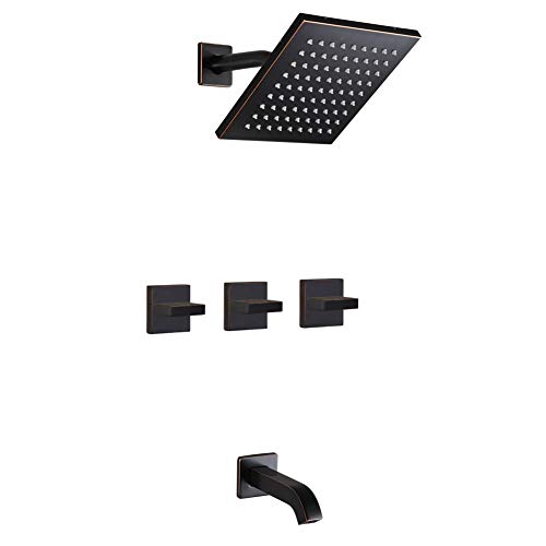 Oil Rubbed Bronze 3-Handle Shower Faucet Set with Tub Spout, Bathroom Luxury Rain Mixer Shower System Wall Mounted Rainfall Bathtub Faucets, Tub and Shower Trim Kit with Rough-in Valve