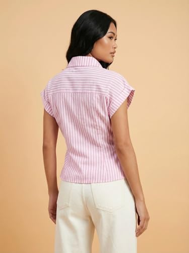Image of Women Striped Wrap Style Cotton Shirt Drop Shoulder Casual Wear