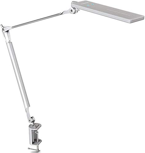 Metall-LED-Schreibtischlampe mit Klemmfuß, Schwenkarm-Arbeitslicht/Tageslichtlampe (6 Helligkeitsstufen und 4 Farbtemperaturen dimmbar,