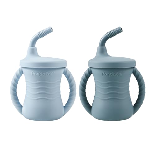 PandaEar Tazza da Allenamento in Silicone | Set di 2 Tazze Antigoccia con Manici e Cannuccia per Neonati e Bambini 6+ Mesi (Blu)