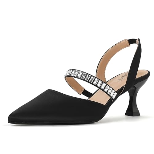 IDIFU IN3 Rhinestone Kitten Heels Closed Pointed Toe Low Strappy Dress Shoes for Women Bride Wedding Bridal Prom Heels Cute Trendy Dressy Short Slingback Pumps