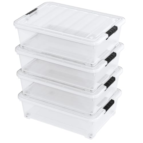 Under Bed Storage Bins with Wheels, 25L Clear Latch Boxes, 4 Pack | Stackable, Clear Plastic, Secure Latch Lid, Low-Profile Rolling Organizers for Clothes, Shoes, Bedding