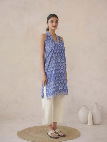 Image of GOODHAND Chic Cotton Halter Kurti with Timeless Block printsPerfect for Casual outings or Festive Flair-Where Traditional Charm Meets Modern Silhouette
