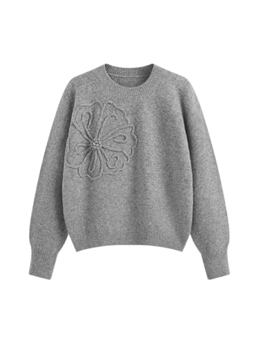 CIDER Women's Cute Sweater Crew Neck Long Sleeve Floral Pullover Fall Winter Sweaters Loose Fit Knit Top