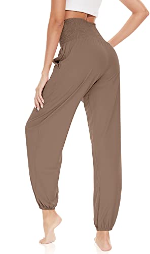 Ueu Women's Smocked Ruffle High Waisted Dance Harem Pants With Pockets Soft Comfy Lounge Yoga Joggers Casual Pajamas(Lightcoffee, Medium) #TOP2