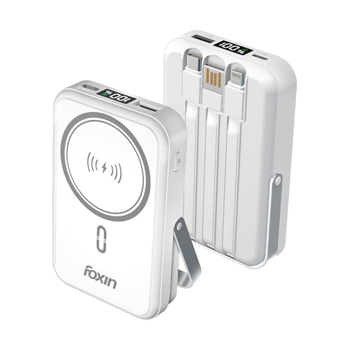 Image of Foxin All-in-One Mag Pro 10000mAh Magnetic Wireless Power Bank | 22.5W Fast Charging, MagSafe & Wireless Charging for Android & iPhone 12 & Above | Built-in Cables | Stand | BIS Certified | White