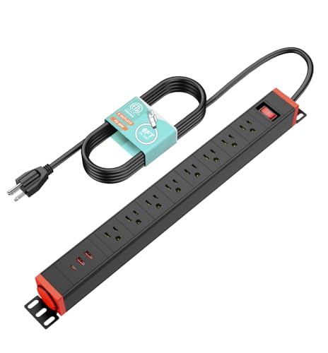 QBA 8 Outlet Heavy Duty Power Strip with USB Ports, Rack Mount Surge Protector with 360° Rotating Brackets, USB C PD 20W, Wall Mount Power Strip for Home Office Garage Workshop
