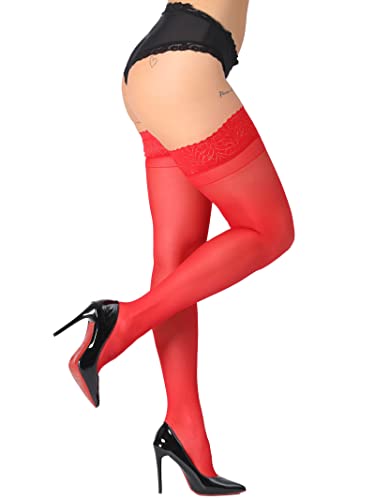 Image of DancMolly Silky Thigh High Stockings, with 17+ Colors Sheer Silicone Lace Top Pantyhose for Women