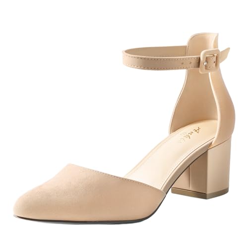 Image of Ankis Closed Toe Heels for Women -Black Nude Gold Silver Pointed Toe Heels Low Block Chunky Women Pumps with Ankle Strap -2.25 Inch