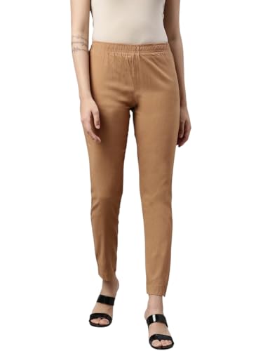 Image of MINELLI Women Solid Cigar Pants, Cotton Lycra Slub Fabric, Elasticated Waistband, Pull On Style, Regular Fit Bottom Wear for Western and Ethnic Wear