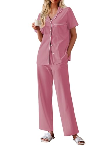 Image of Ekouaer Women's 100% Cotton Pajamas Set Short Sleeve Button Down Pjs 2 Piece Soft Sleepwear with Long Pants Lounge Set