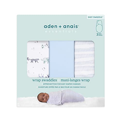 Image of aden + anais Essentials Easy Swaddle Wrap Quick Change with Bottom Zipper, Snug Cotton Knit Baby Wrap Swaddle Blanket for Newborns, TOG 1.0, 3-Pack, Rising Star, 0-3 Months, Small /Medium