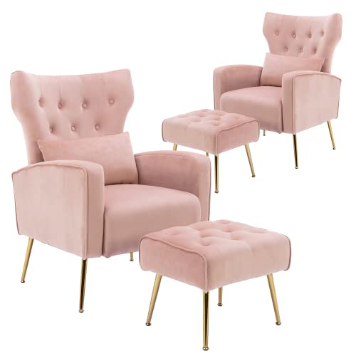 Chairus 2 Sets Velvet Accent Chairs With Ottomans & Pillow, Modern Comfy Living Room Club Chair And Ottoman Sets With Button Tufted Wingback And Golden Legs Reading Armchair For Bedroom Dorms, Pink #TOP9