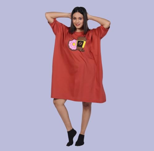 Image of LAMA STORE Women's Printed Oversized T-Shirt Dress, Cotton, 3 /4 Sleeve Length, Casual Loose Fit, Comfort Wear Extra Comfy Oversized Printed Pocket T-Shirt Dress