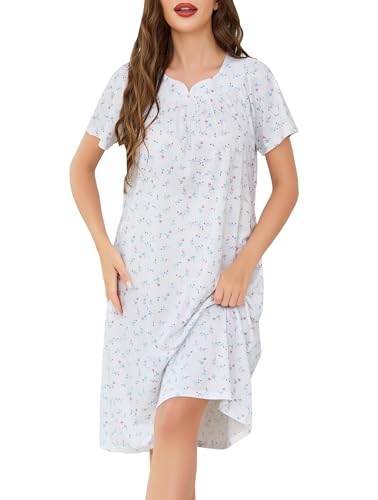 Vlazom Womens Nighties Printed Pleated Nightdress Soft Cotton Long Nightgowns Loose Nightgshirt with Pockets White & Red Flower M