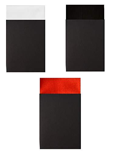 TheDapperTie - Men's Ultra White, Black, Red 3 Pc Pre Folded Pocket square Set