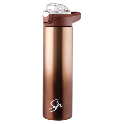 Image of SKi Homeware Stainless Steel Sipper Water Bottle with Push Button Flip-Top Cap for School, Office, Gym, Adults & Teens, Leakproof, Rust Free, Dual Colour Brown Gradient (Marco-Brown), 750ml