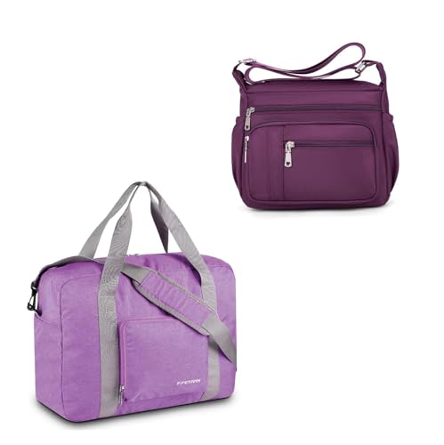 For Allegaint Airlines Personal Item Bag Foldable Travel Duffel Bag Carry-on Luggage 25L Purple&Women Shoulder Handbag Roomy Multiple Pockets Bag Ladies Crossbody Lightweight Nylon Travel Purse