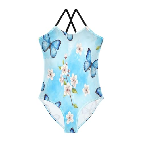 Toddler Girl One Piece Swimsuit, Summer Beach Bathing Suit 3-10 Y, Blue Butterflies Cherry Blossoms