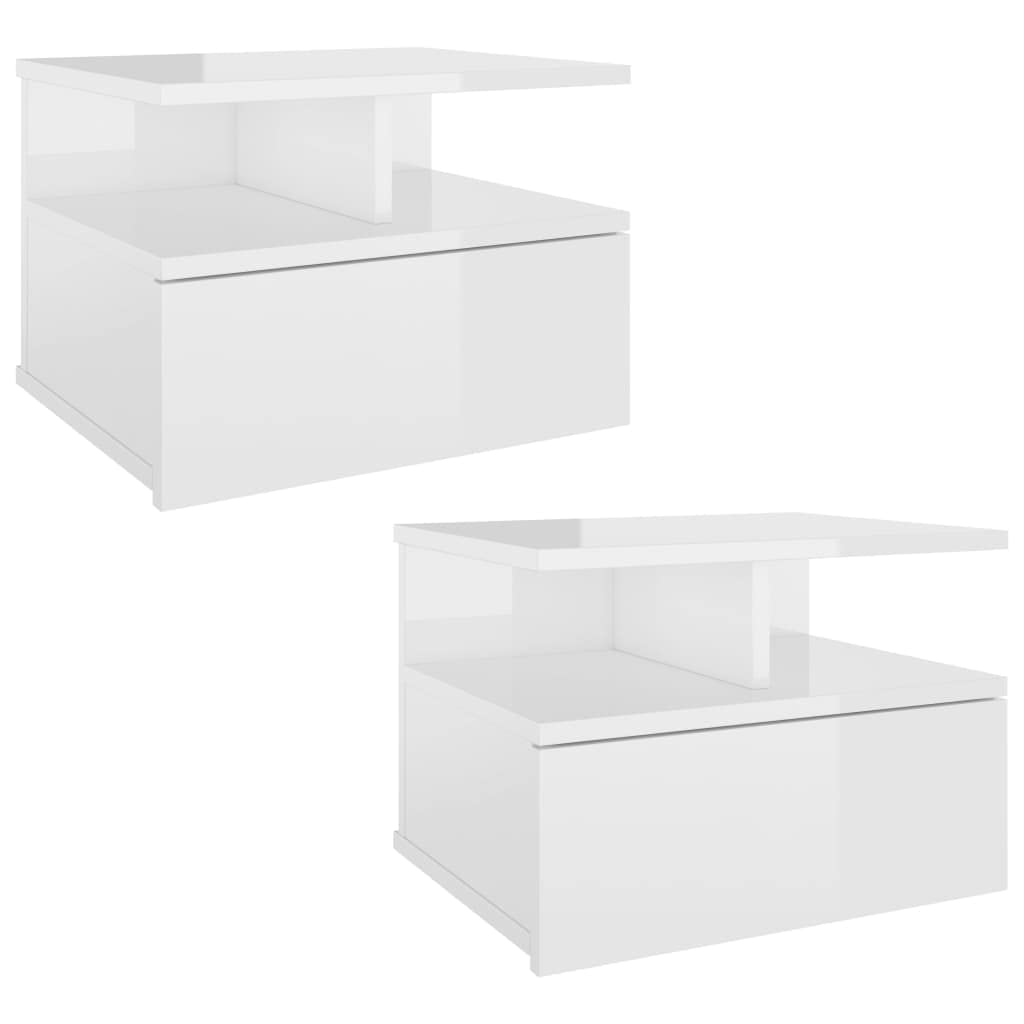 vidaXL 2X Mesitas Noche Flotantes Contrachapada Hogar Decoración Diseño Sencillo Elegantes Funcionales Prácticos Compactos Blanco Brillante 40x31x27cm